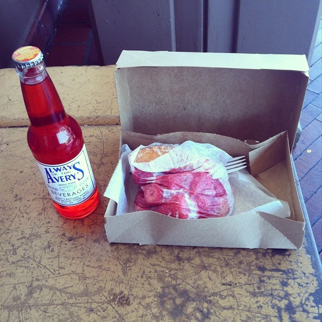 strawberry soda and doughnut
